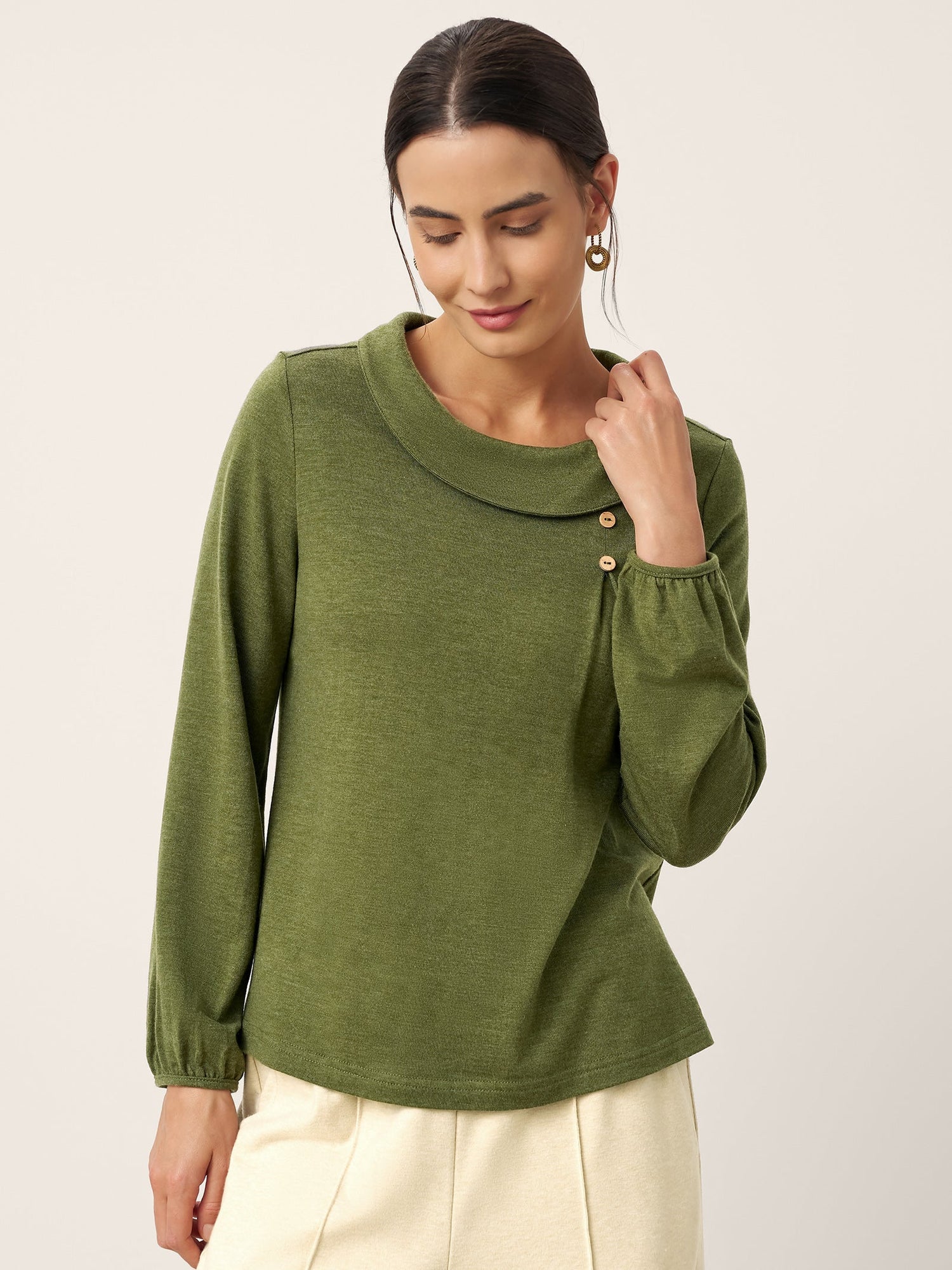 Wool Asymmetric Pleated Long-Sleeve Top ARLETTE  DestGlow