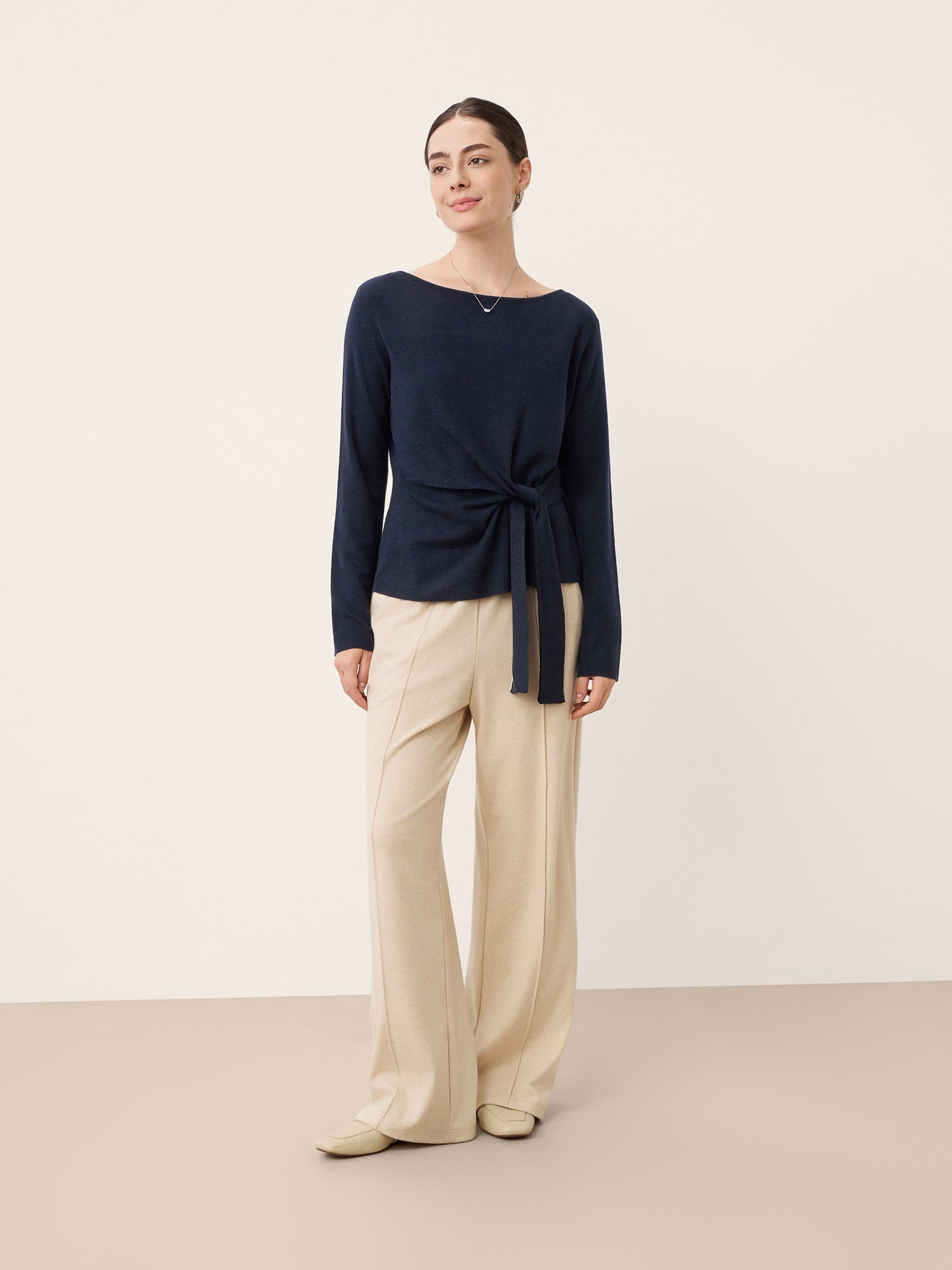 Merino Wool Belted Waist Boat Neck Top NATALIA  DestGlow