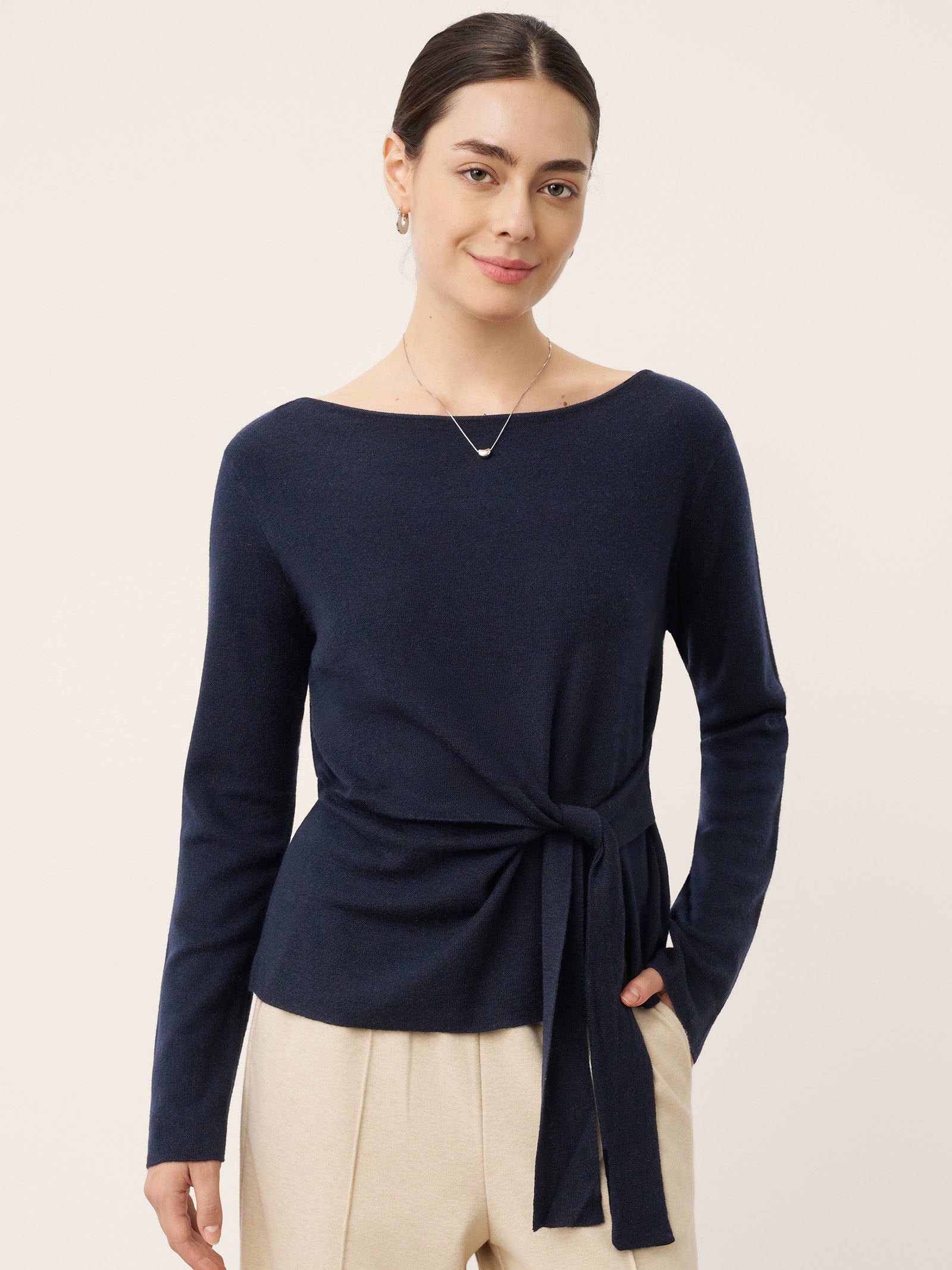 Merino Wool Belted Waist Boat Neck Top NATALIA  DestGlow