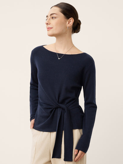 Merino Wool Belted Waist Boat Neck Top NATALIA  DestGlow