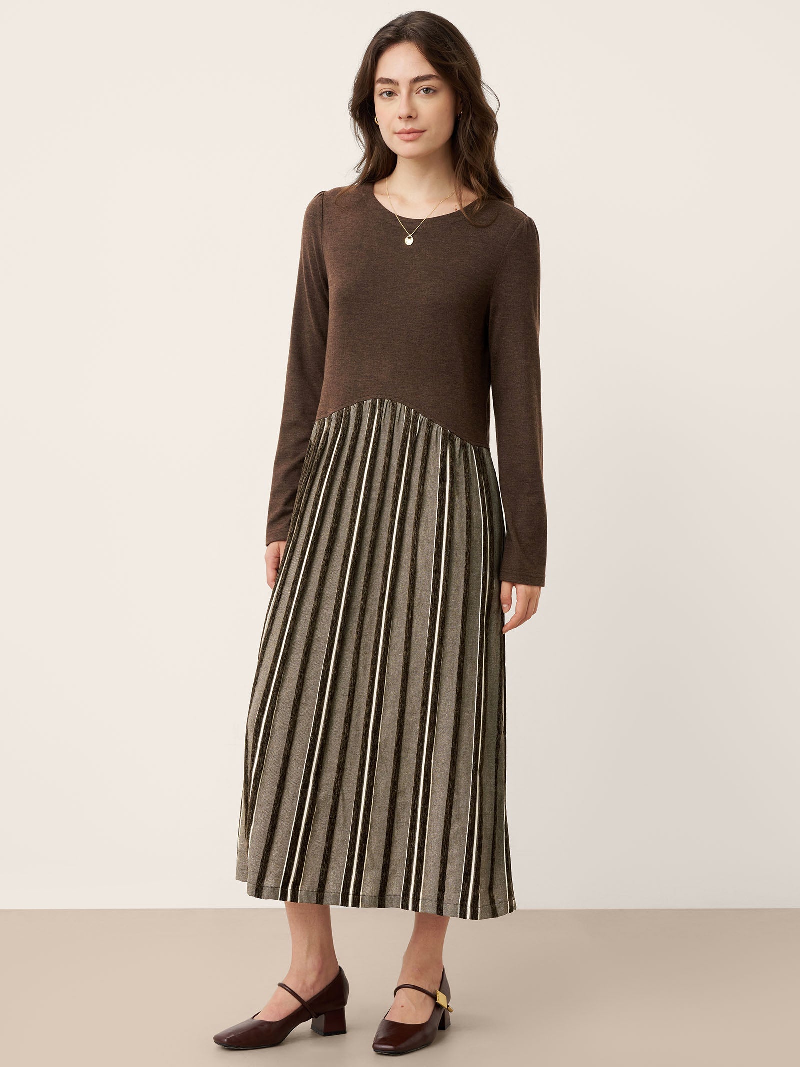 Wool Cotton Panel Crescent Waist Maxi Dress CORALINE by LINTICO