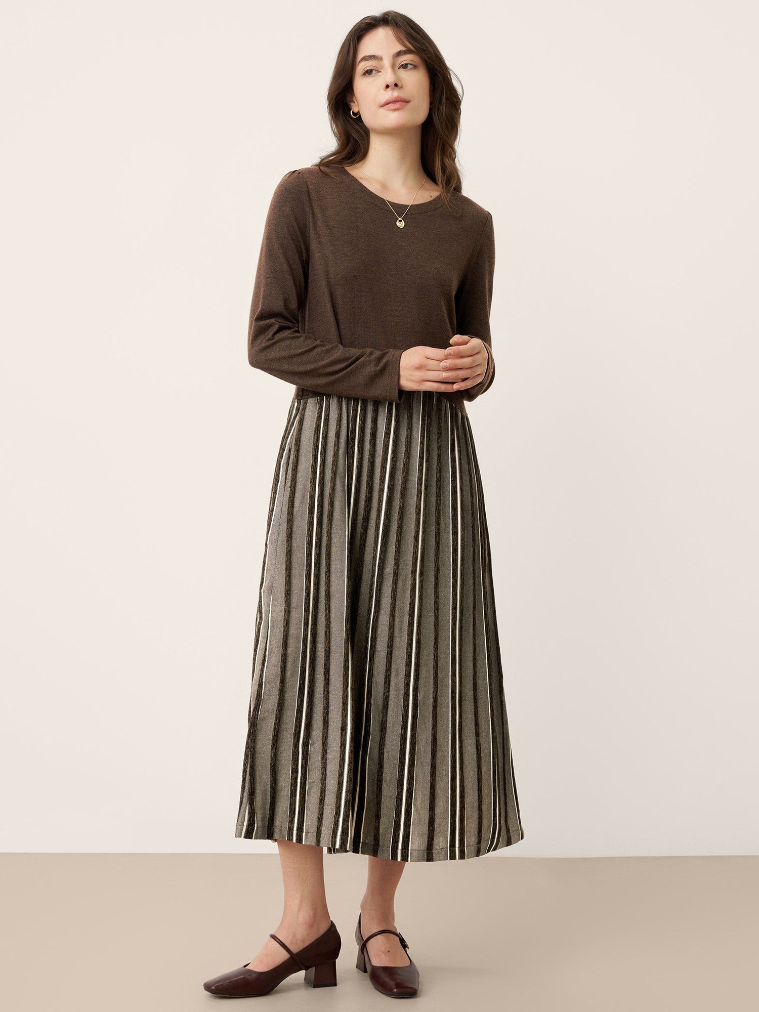 Wool Cotton Panel Crescent Waist Maxi Dress CORALINE by LINTICO