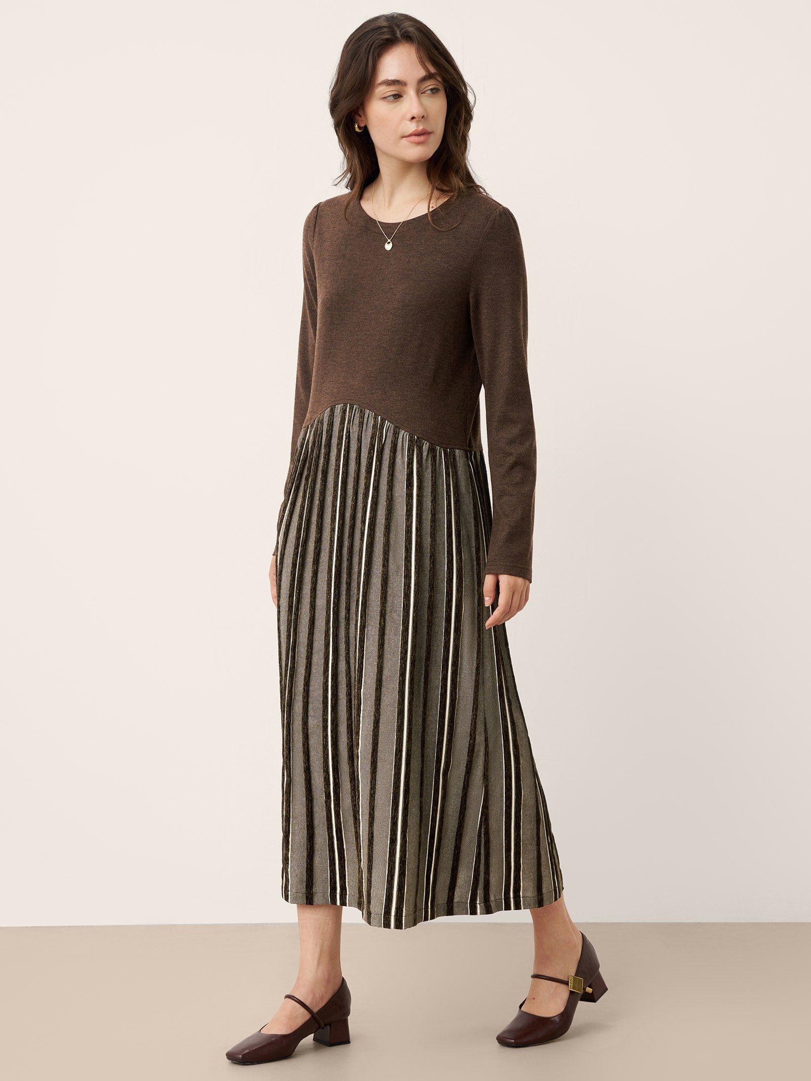 Wool Cotton Panel Crescent Waist Maxi Dress CORALINE by LINTICO