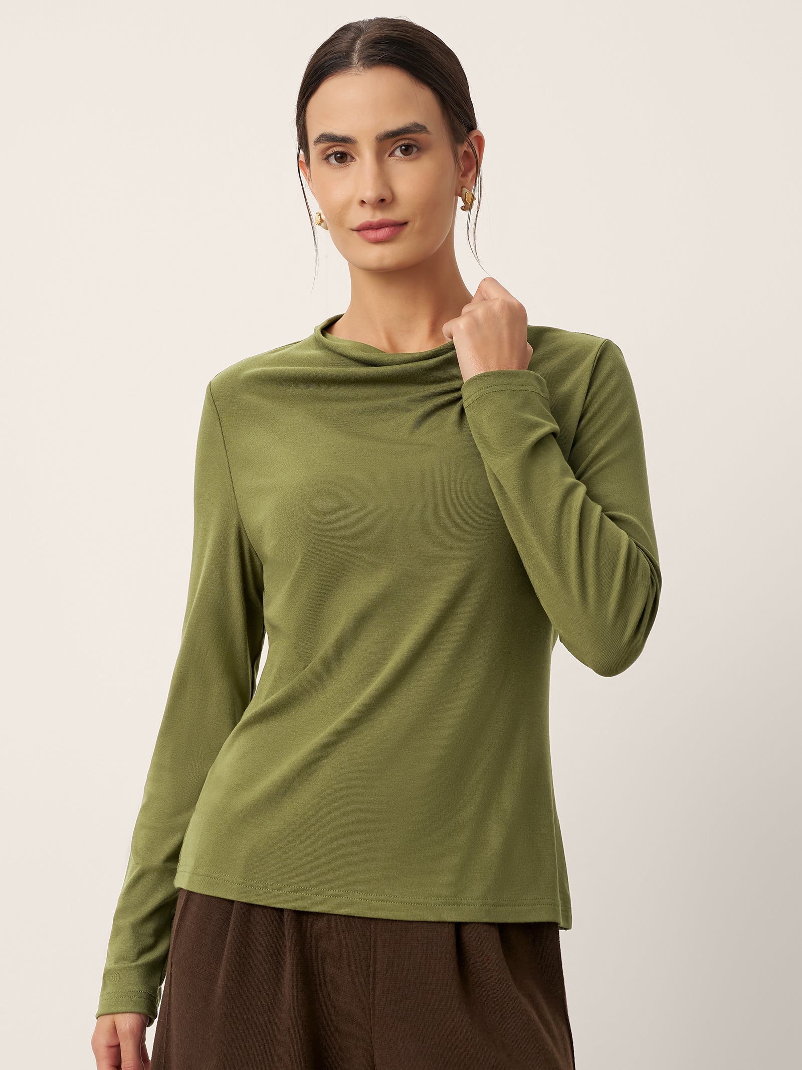 Wool Cowl Drape Stretch Long Sleeve Top INEKE by LINTICO