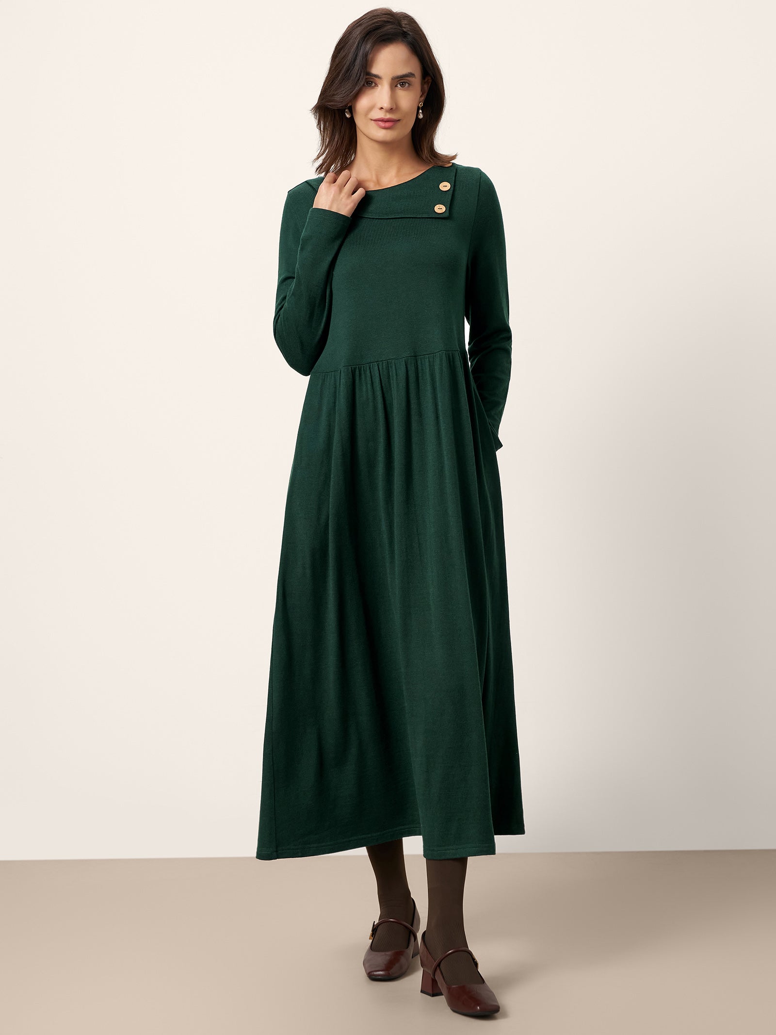 Wool Layered Neck Pleated Maxi Dress BILLIE by LINTICO