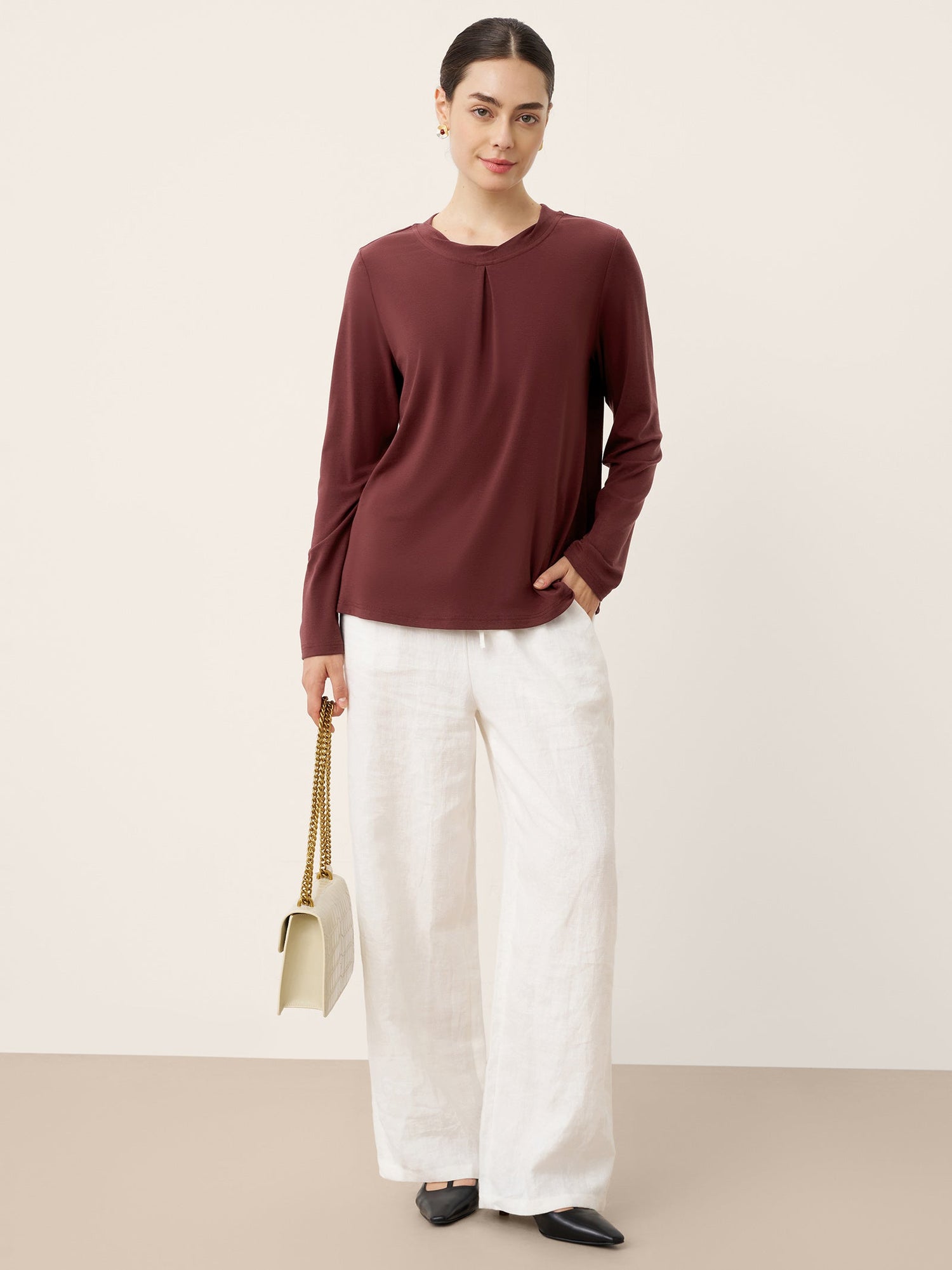 Wool Lyocell Twisted Neck Pullover Top NERISSA by LINTICO