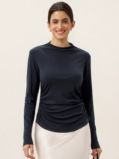 Wool Mock Neck Waist Pleat Top ISOLDE by LINTICO