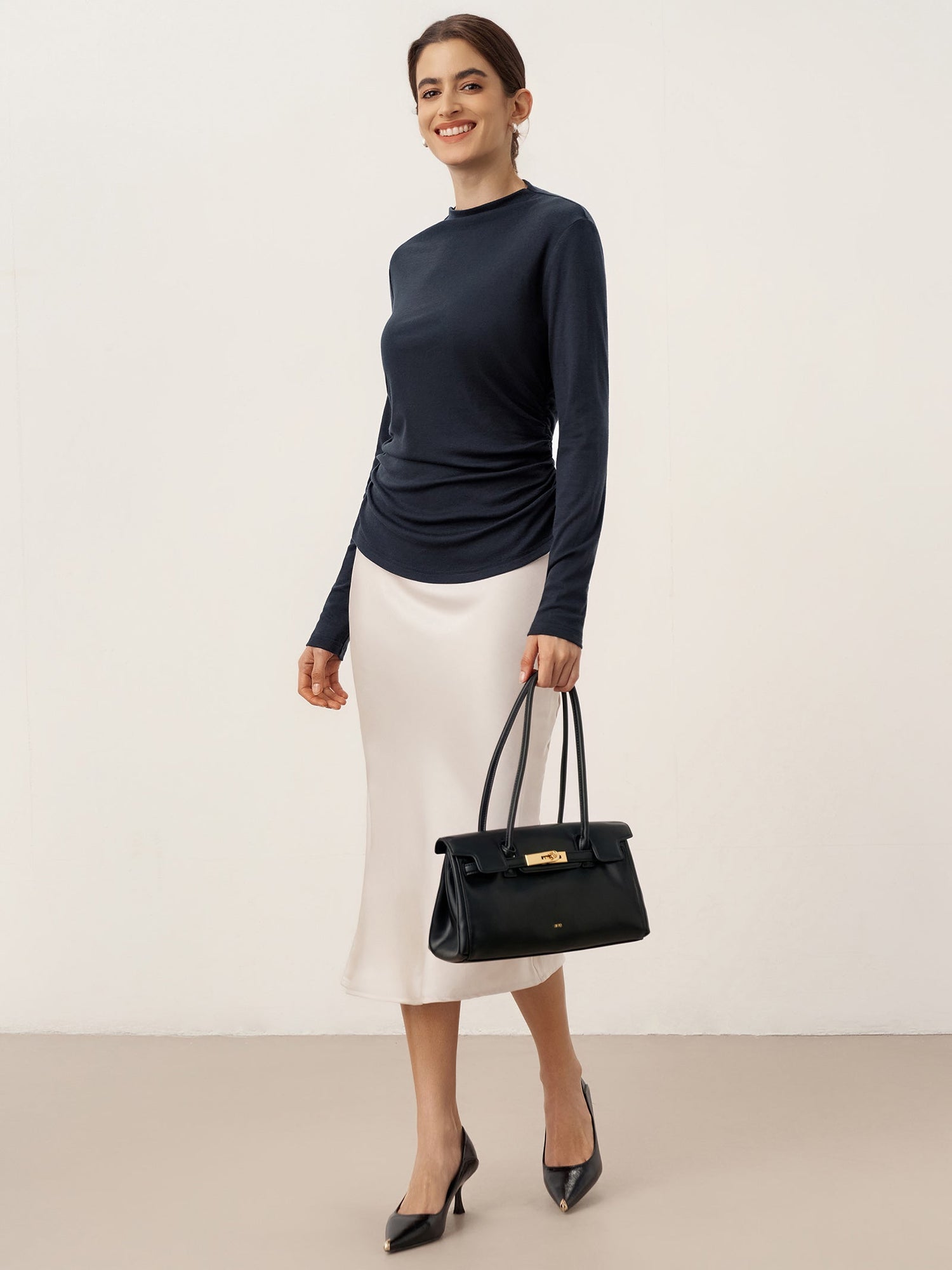 Wool Mock Neck Waist Pleat Top ISOLDE by LINTICO