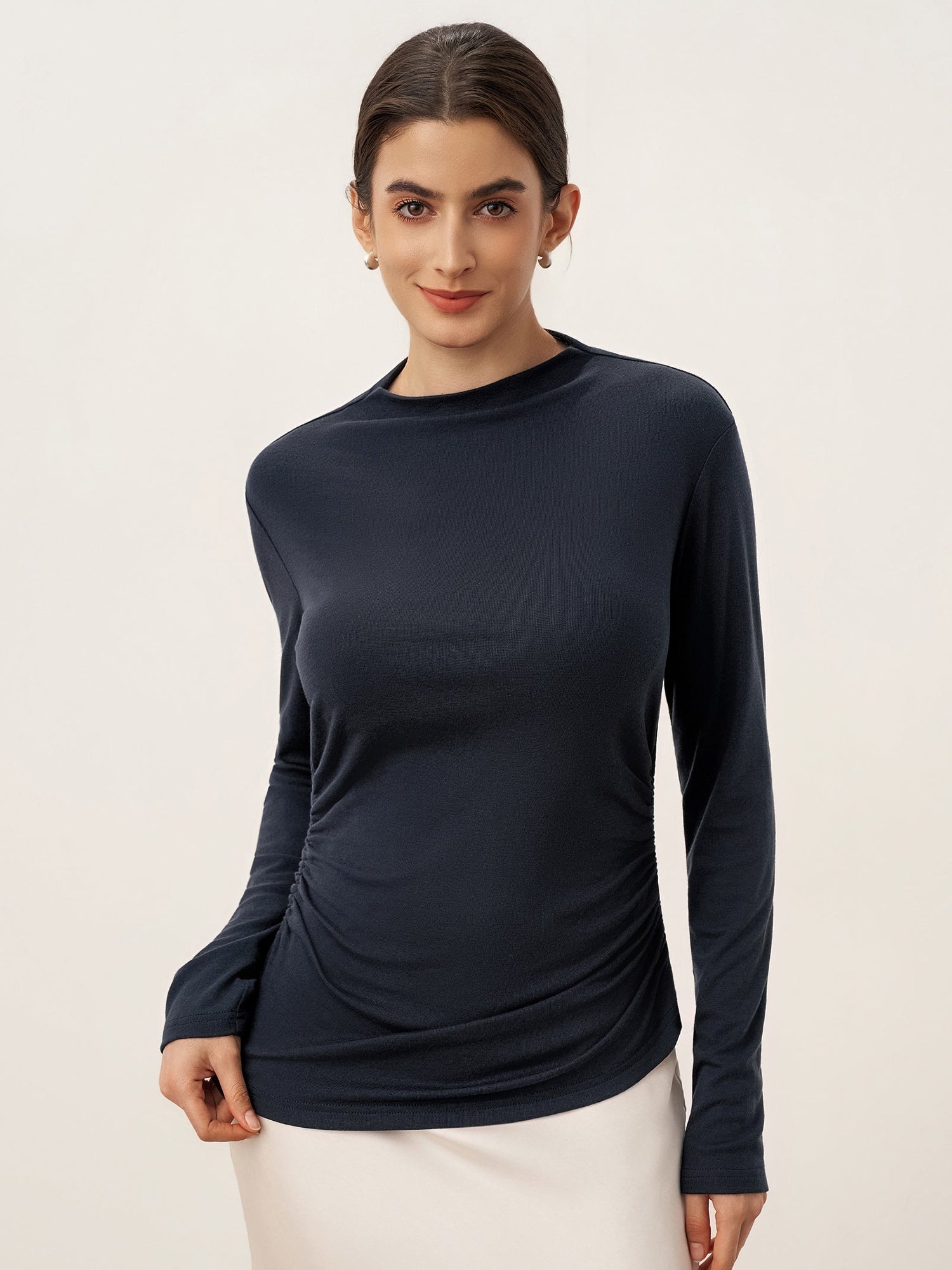 Wool Mock Neck Waist Pleat Top ISOLDE by LINTICO