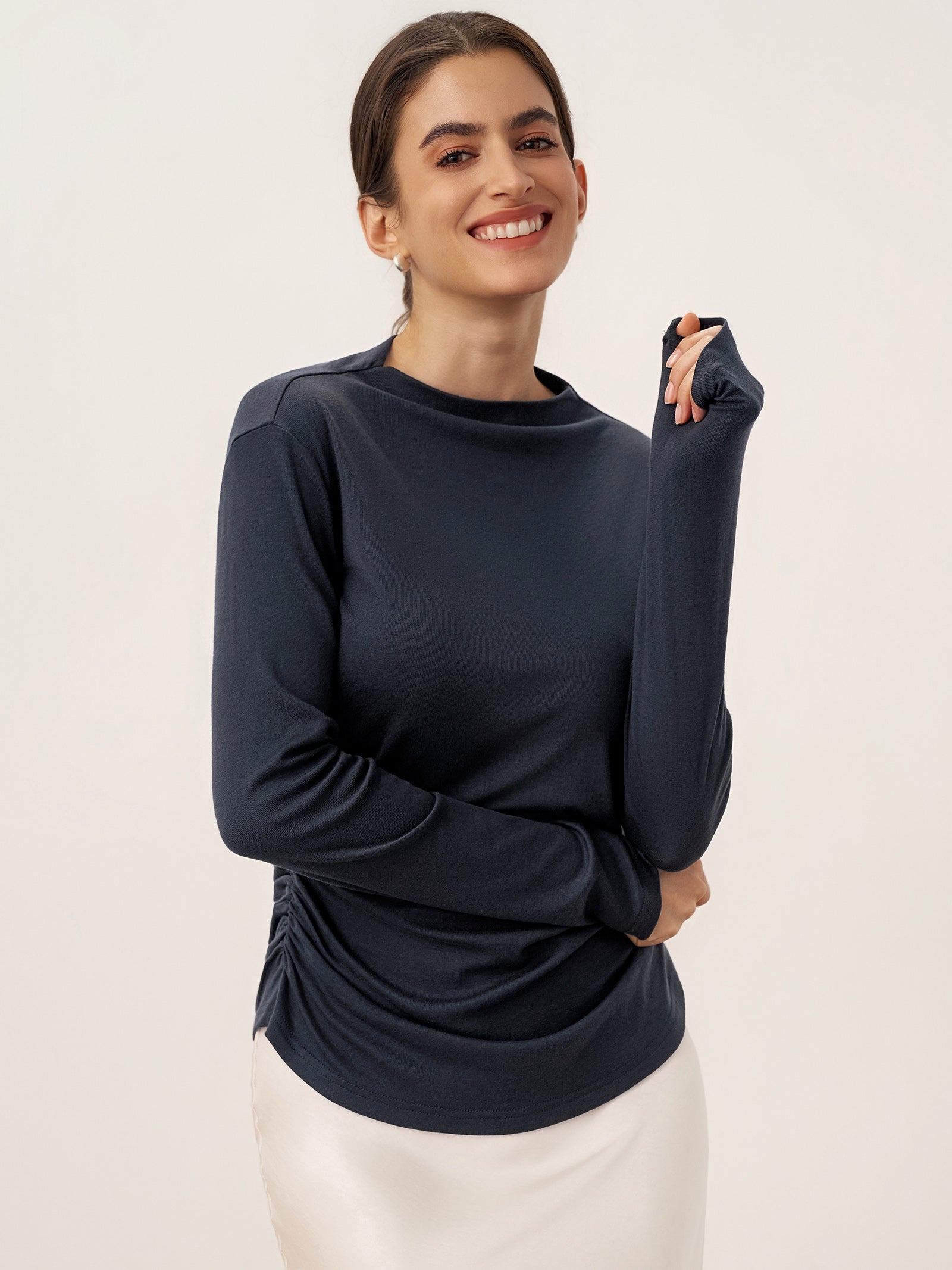 Wool Mock Neck Waist Pleat Top ISOLDE by LINTICO