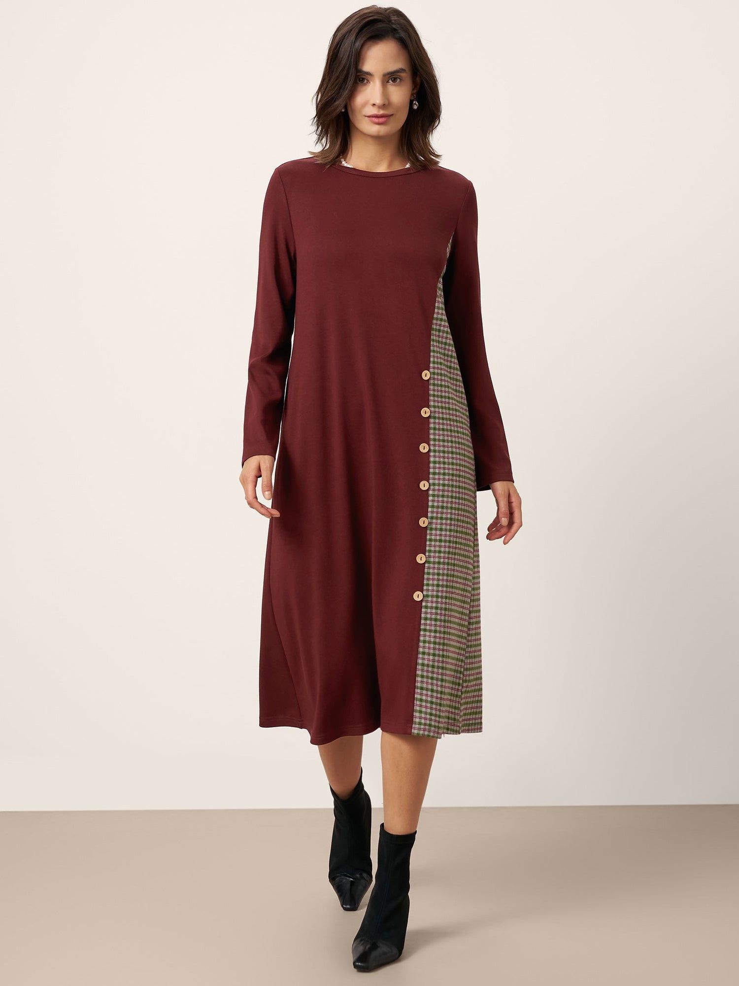 Wool Plaid Panel Midi Dress ALIA by LINTICO
