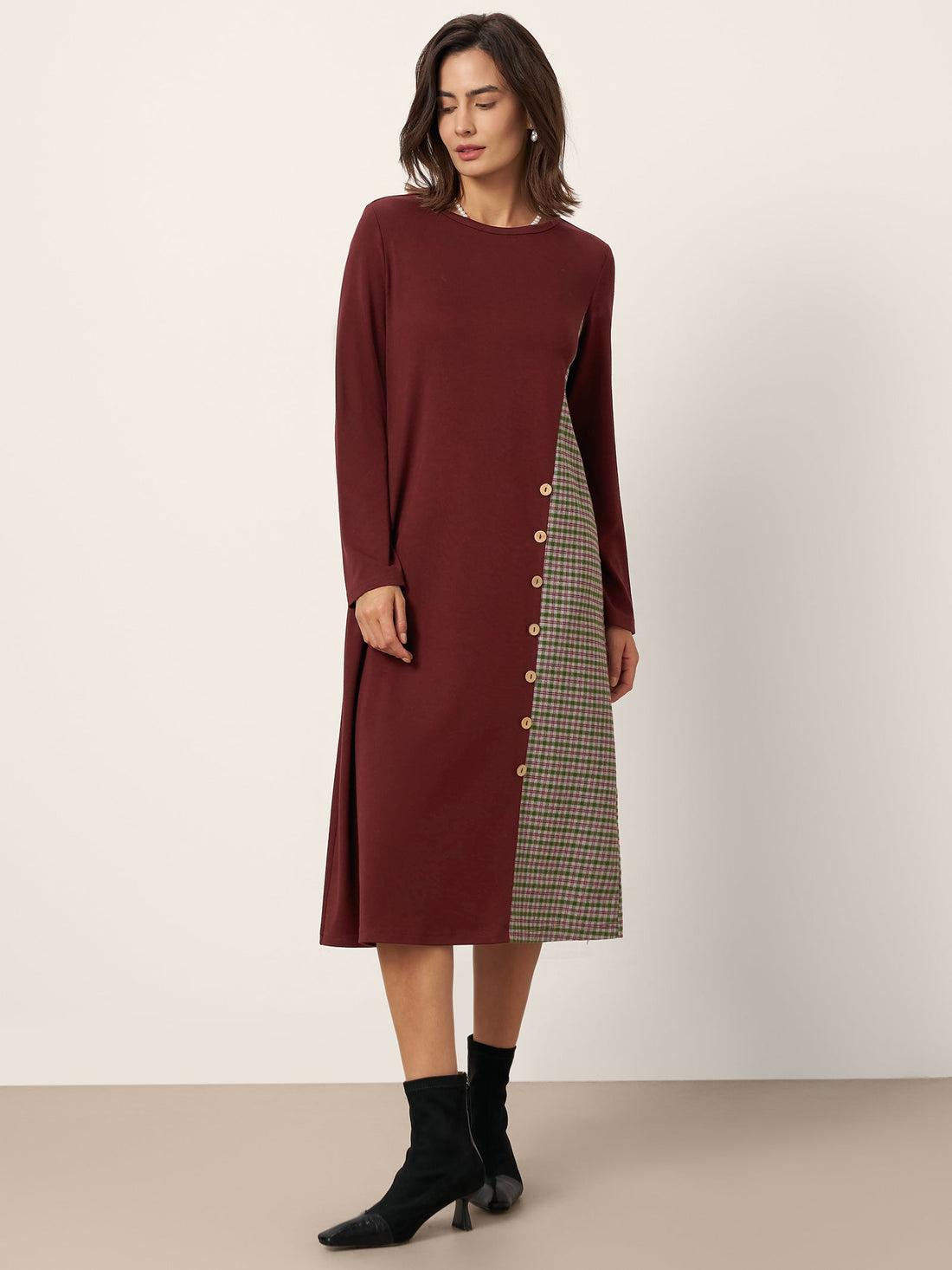 Wool Plaid Panel Midi Dress ALIA by LINTICO