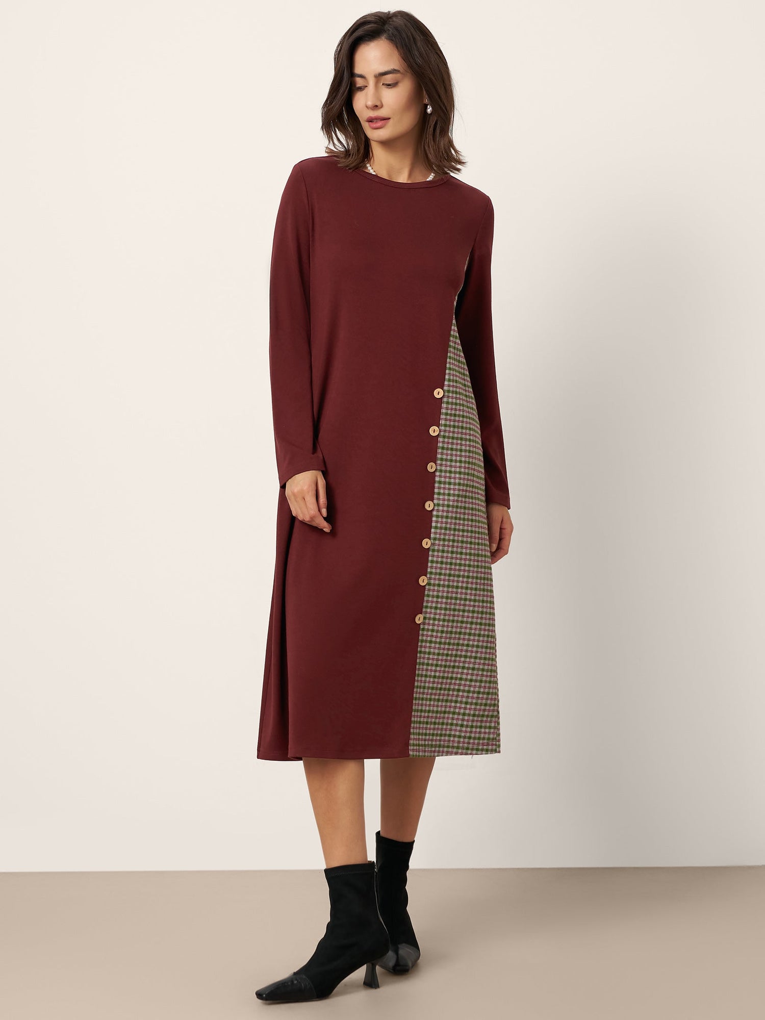 Wool Plaid Panel Midi Dress ALIA by LINTICO