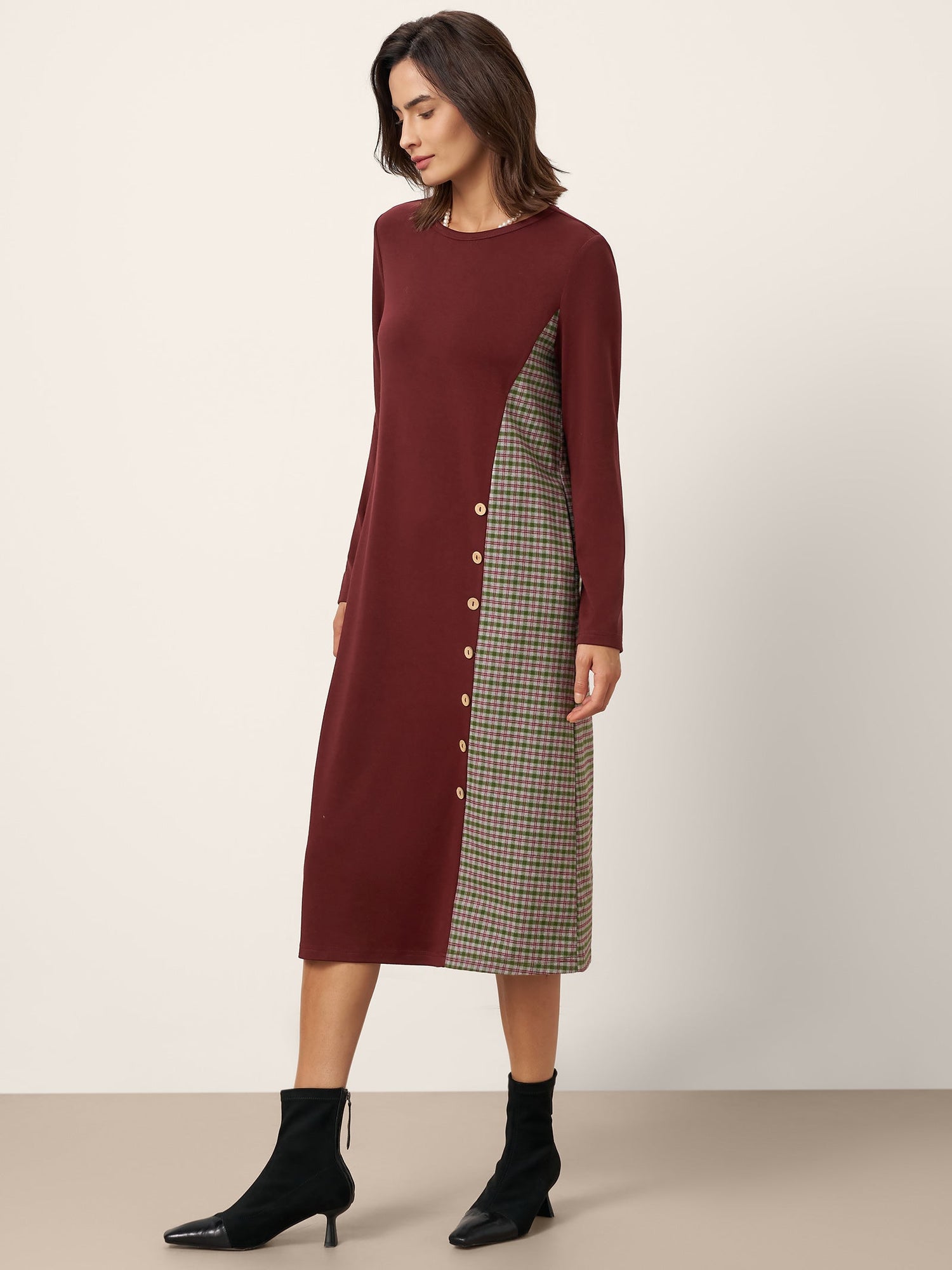 Wool Plaid Panel Midi Dress ALIA by LINTICO