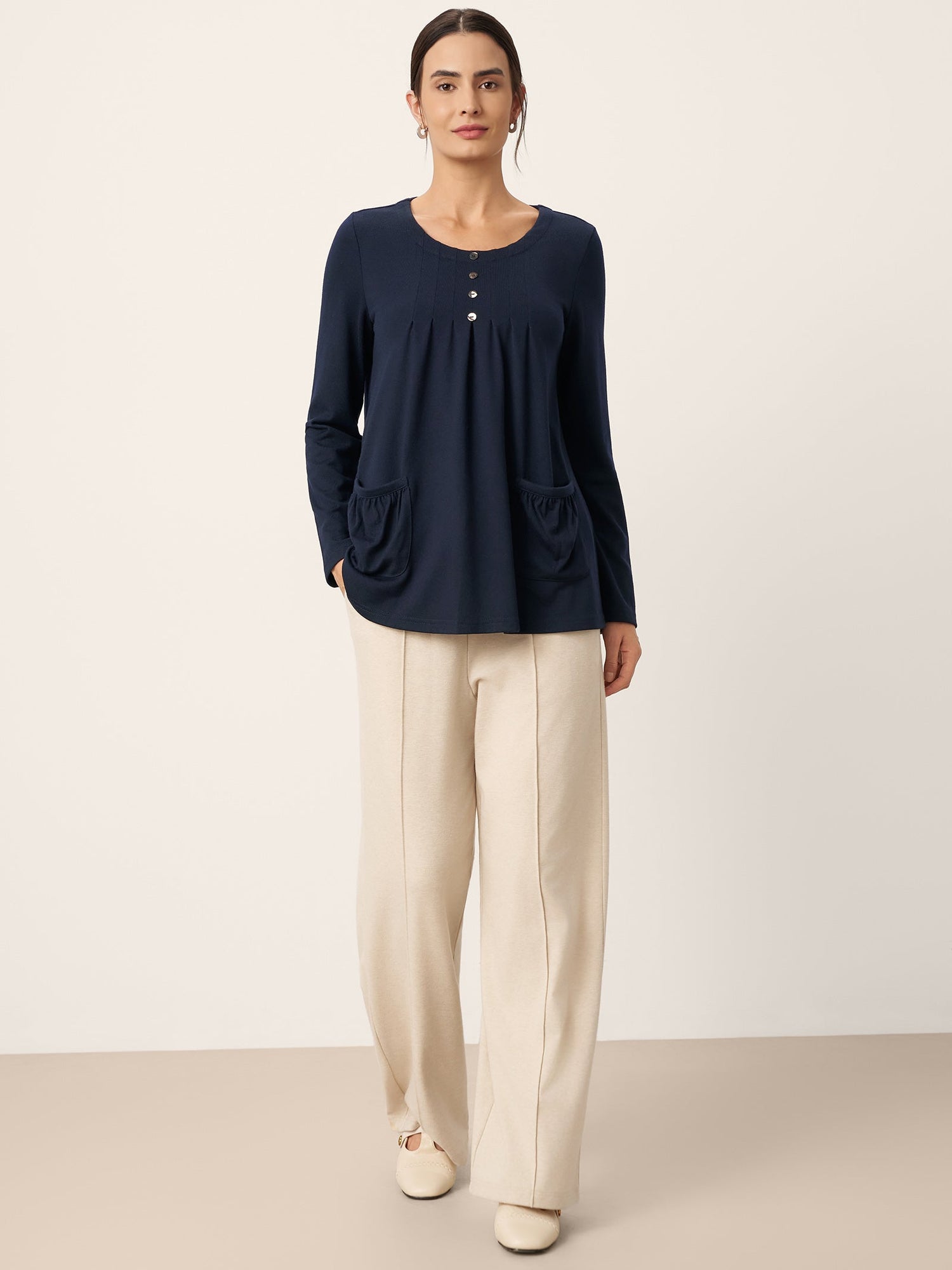 Wool Pleated Front Long Sleeve Top IVA by LINTICO