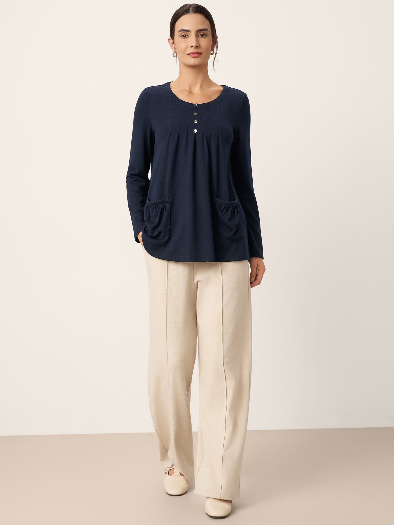 Wool Pleated Front Long Sleeve Top IVA by LINTICO