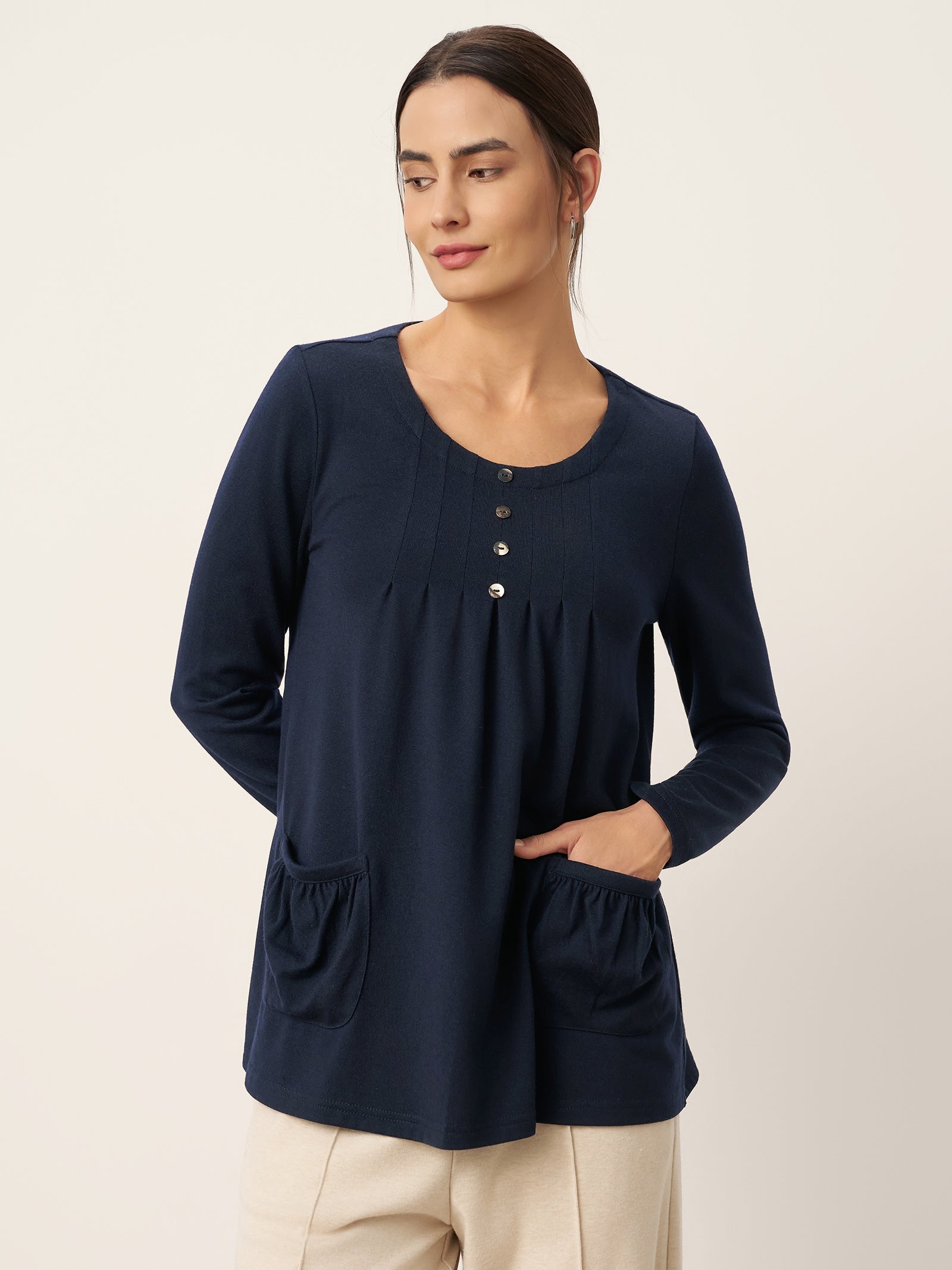 Wool Pleated Front Long Sleeve Top IVA by LINTICO