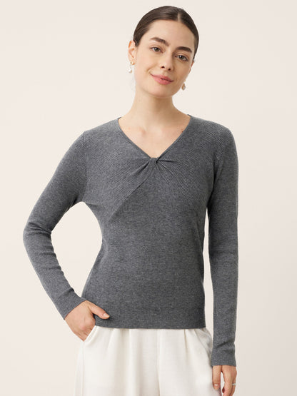 Merino Wool Ruched Panel V-Neck Top RAVEN  DestGlow