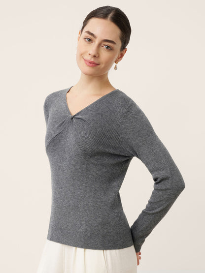 Merino Wool Ruched Panel V-Neck Top RAVEN  DestGlow