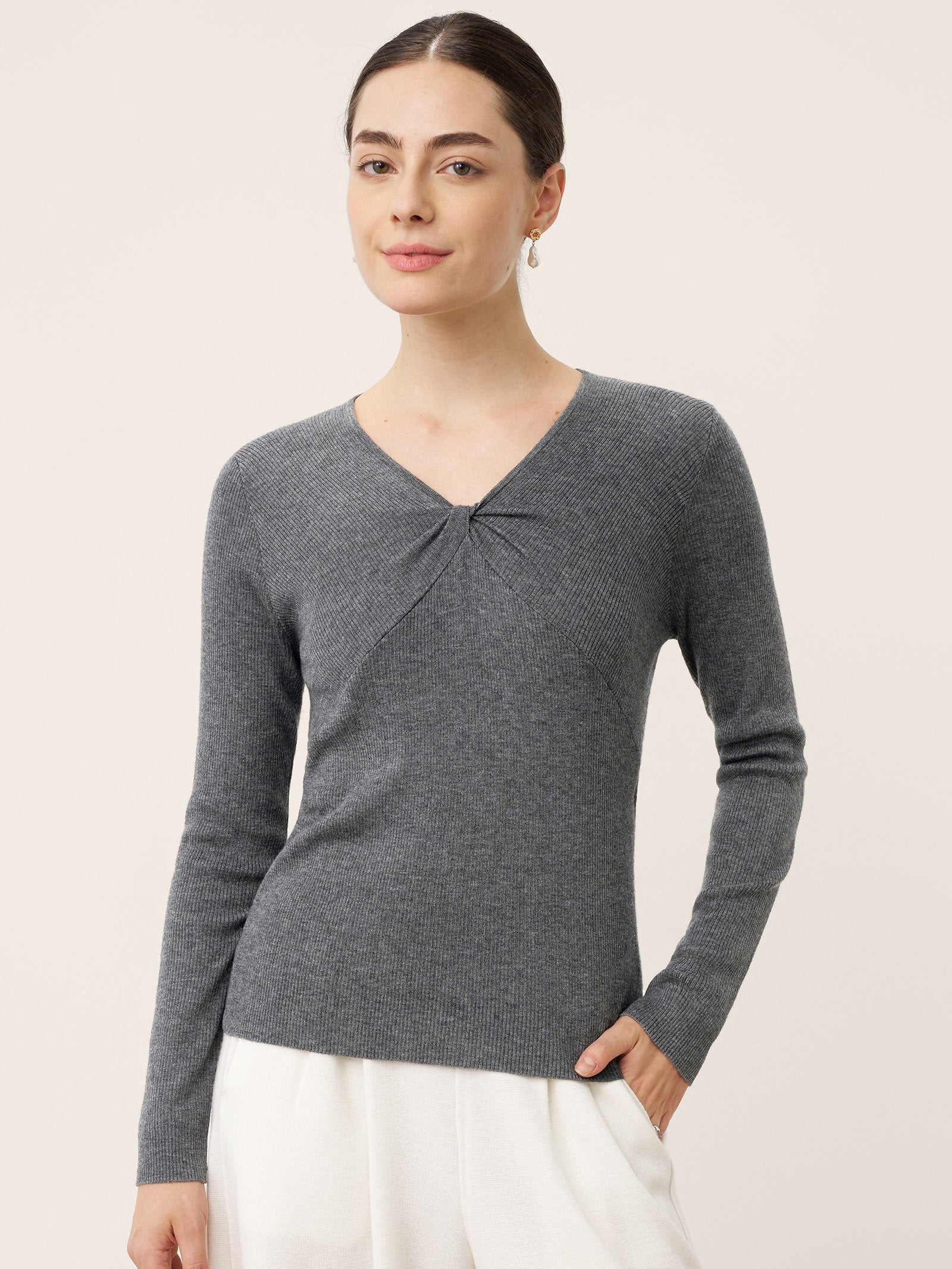 Merino Wool Ruched Panel V-Neck Top RAVEN  DestGlow