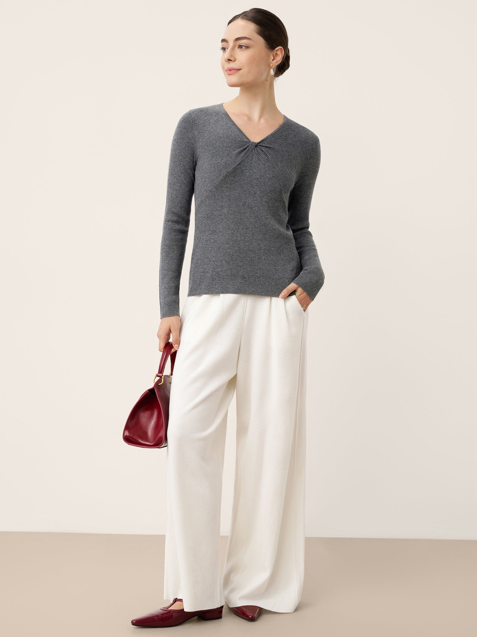 Merino Wool Ruched Panel V-Neck Top RAVEN  DestGlow