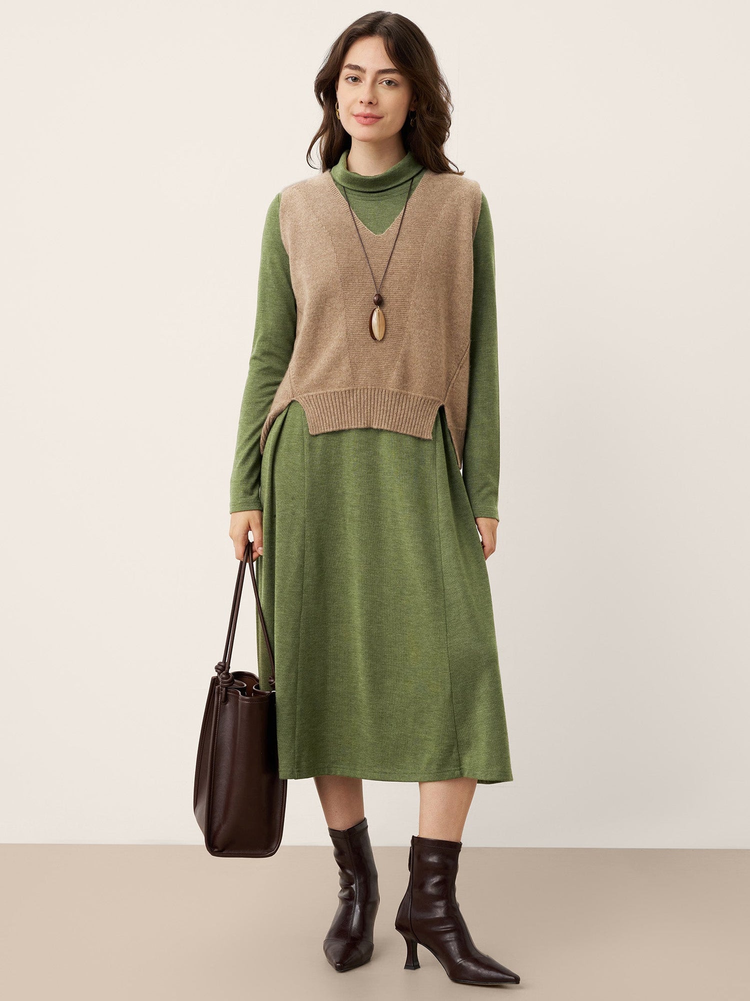 Wool Sculpted Pleats Turtleneck Maxi Dress BRIAR by LINTICO