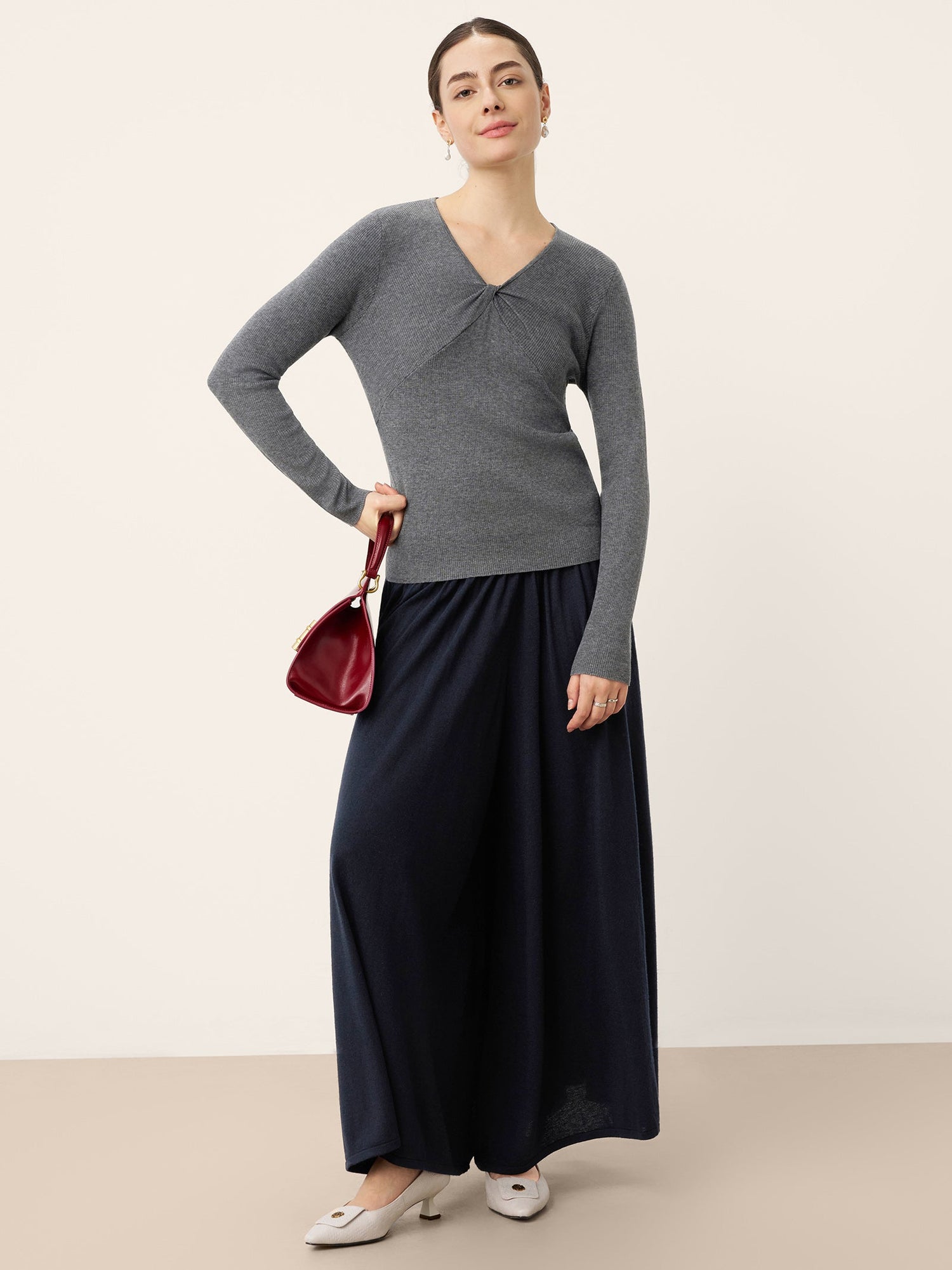 Merino Wool Ruched Panel V-Neck Top RAVEN  DestGlow