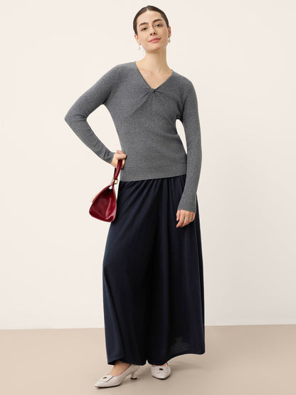 Merino Wool Ruched Panel V-Neck Top RAVEN  DestGlow