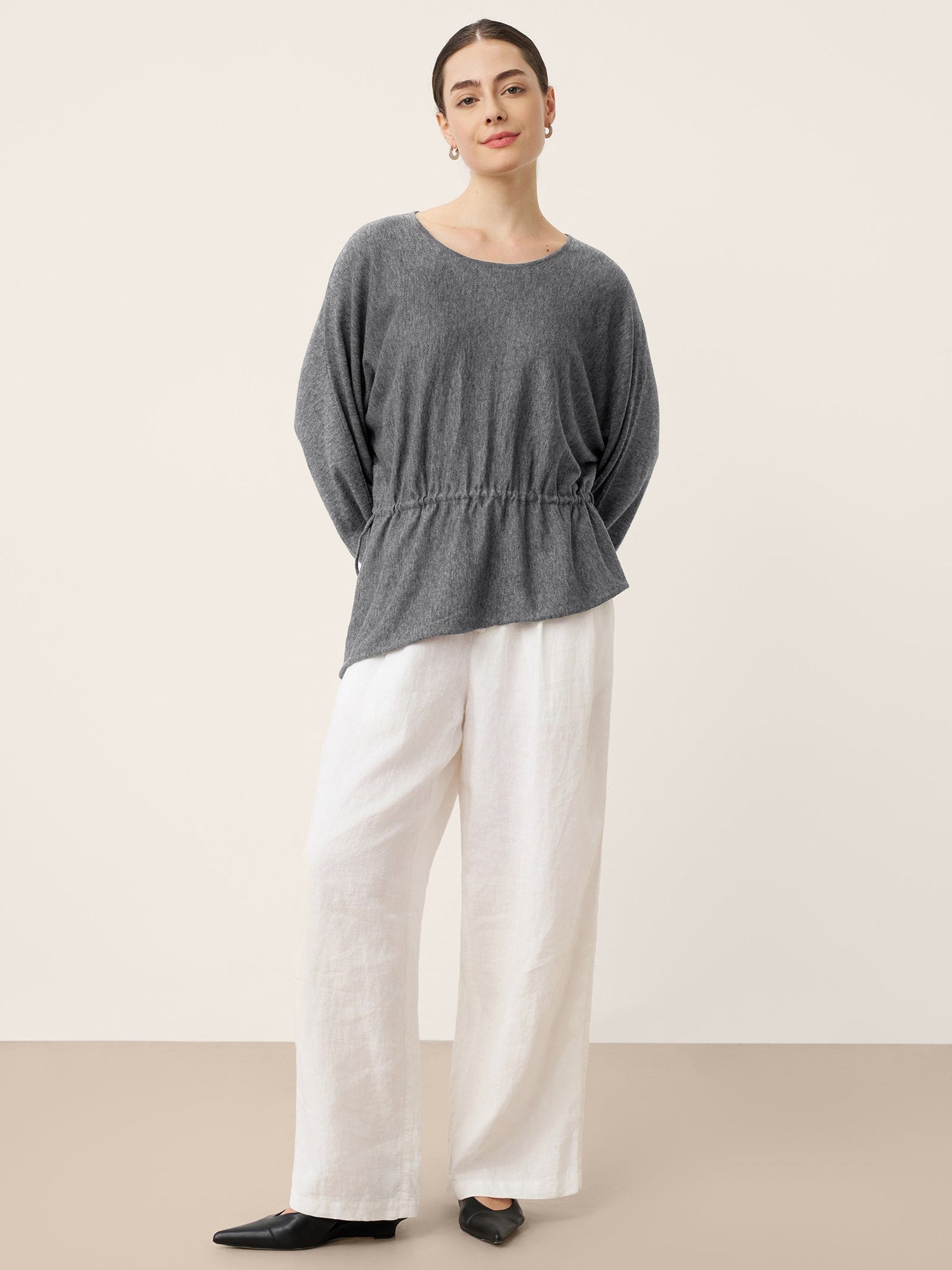 Merino Wool Asymmetric Drawstring Hem Loose Top WREN  DestGlow
