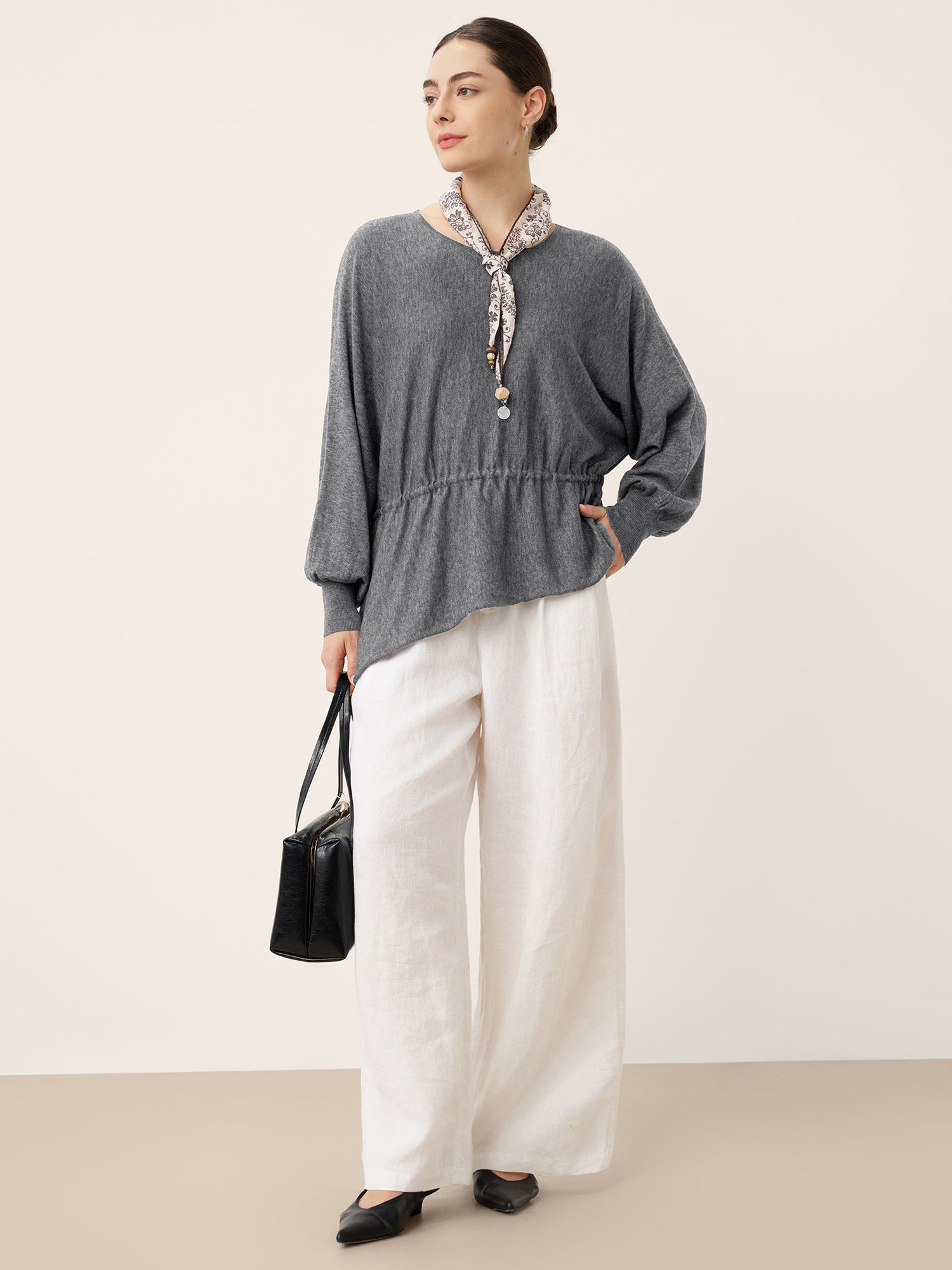 Merino Wool Asymmetric Drawstring Hem Loose Top WREN  DestGlow