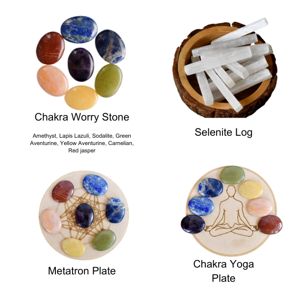 7 Chakra Crystals Worry Stones Set with Wooden Grid Plate, Selenite Log  DestGlow
