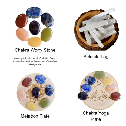 7 Chakra Crystals Worry Stones Set with Wooden Grid Plate, Selenite Log  DestGlow