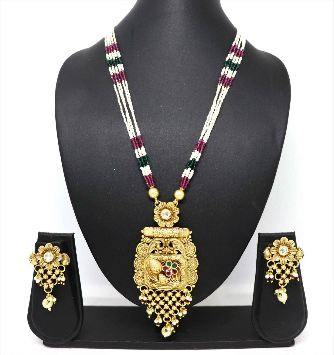 Joban Fashion White &amp; Maroon &amp; Green With Rajwadi Polish Necklace Set