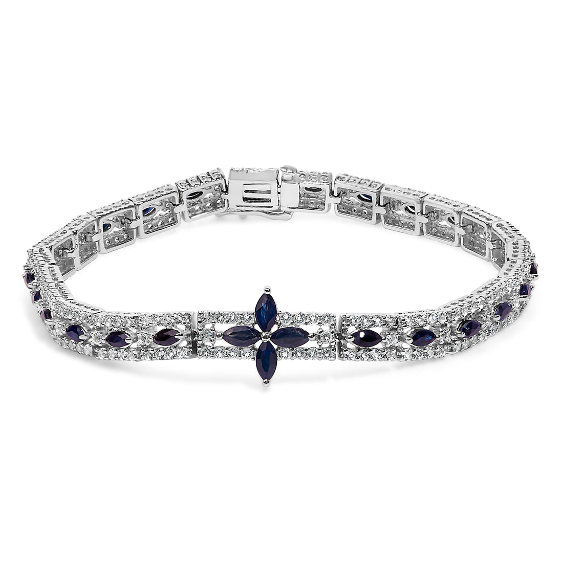 Sterling Silver Dark Blue Sapphire and Topaz Marquise Floral Art Deco Link Bracelet by Bids.com
