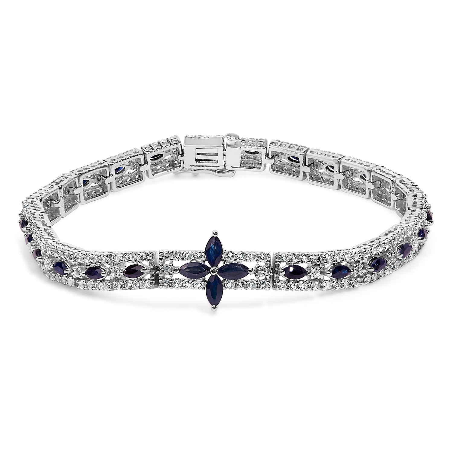 Sterling Silver Dark Blue Sapphire and Topaz Marquise Floral Art Deco Link Bracelet by Bids.com