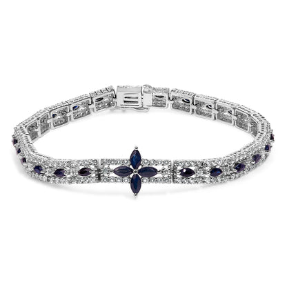 Sterling Silver Dark Blue Sapphire and Topaz Marquise Floral Art Deco Link Bracelet by Bids.com