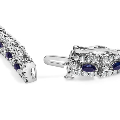 Sterling Silver Dark Blue Sapphire and Topaz Marquise Floral Art Deco Link Bracelet by Bids.com