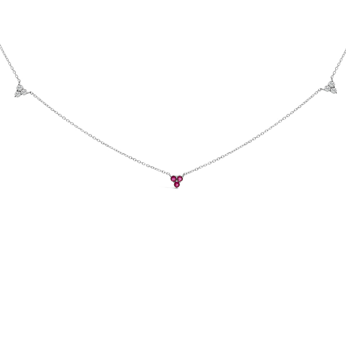 14K White Gold 1/5 Cttw Diamond and Ruby Tri Station Necklace  DestGlow