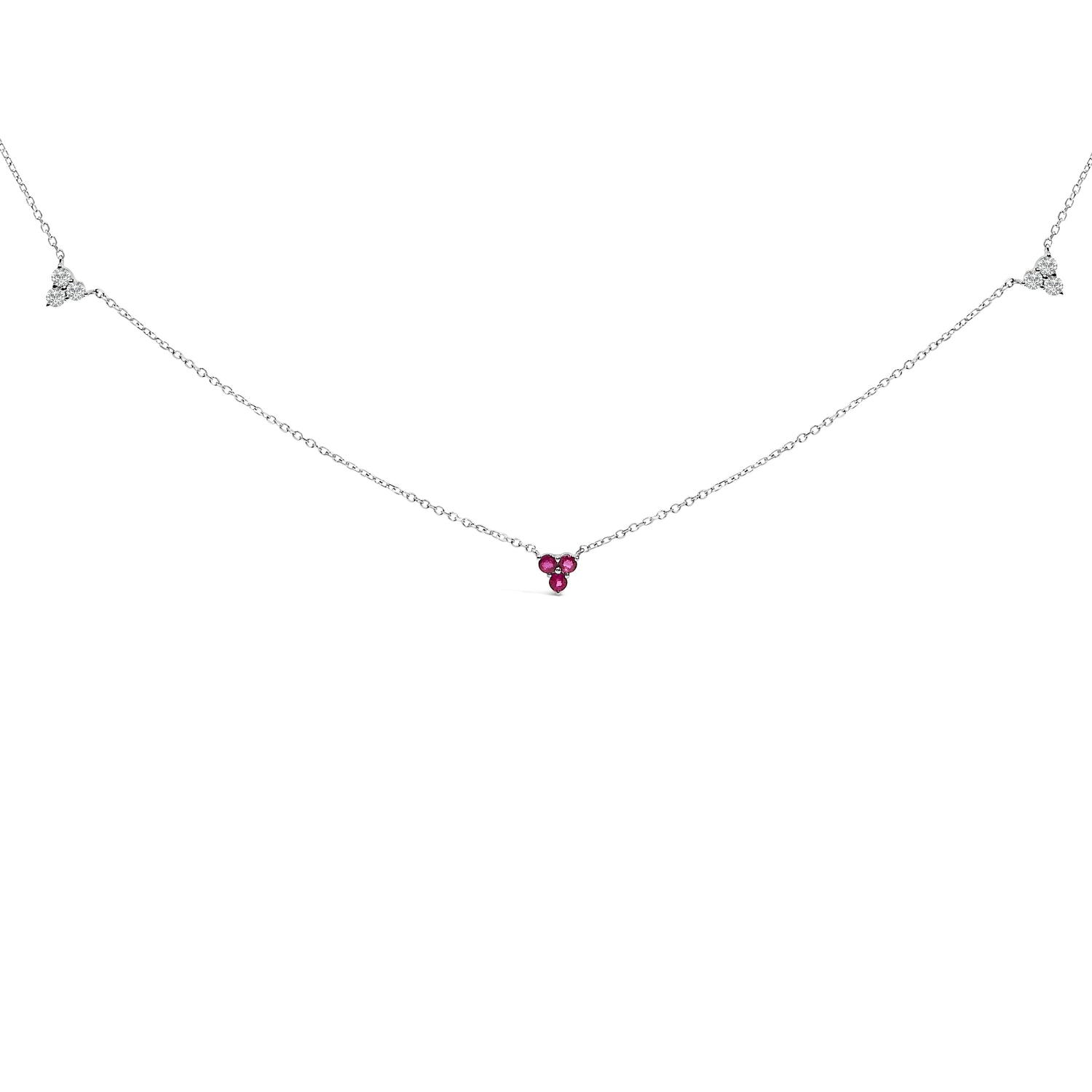 14K White Gold 1/5 Cttw Diamond and Ruby Tri Station Necklace  DestGlow