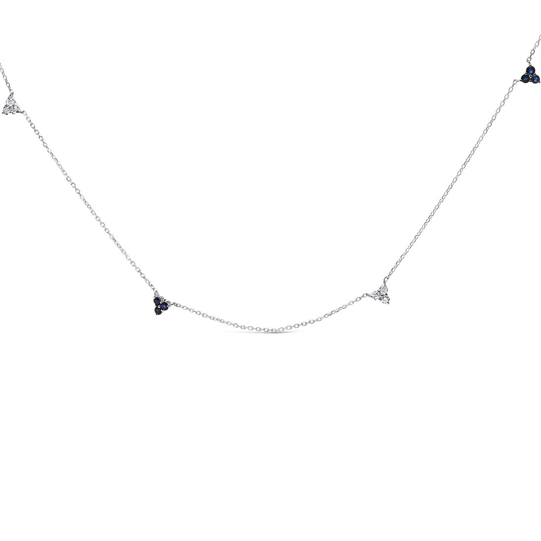 14K White Gold 1/5 Cttw Diamond and Sapphire Trio Cluster Station Necklace  DestGlow