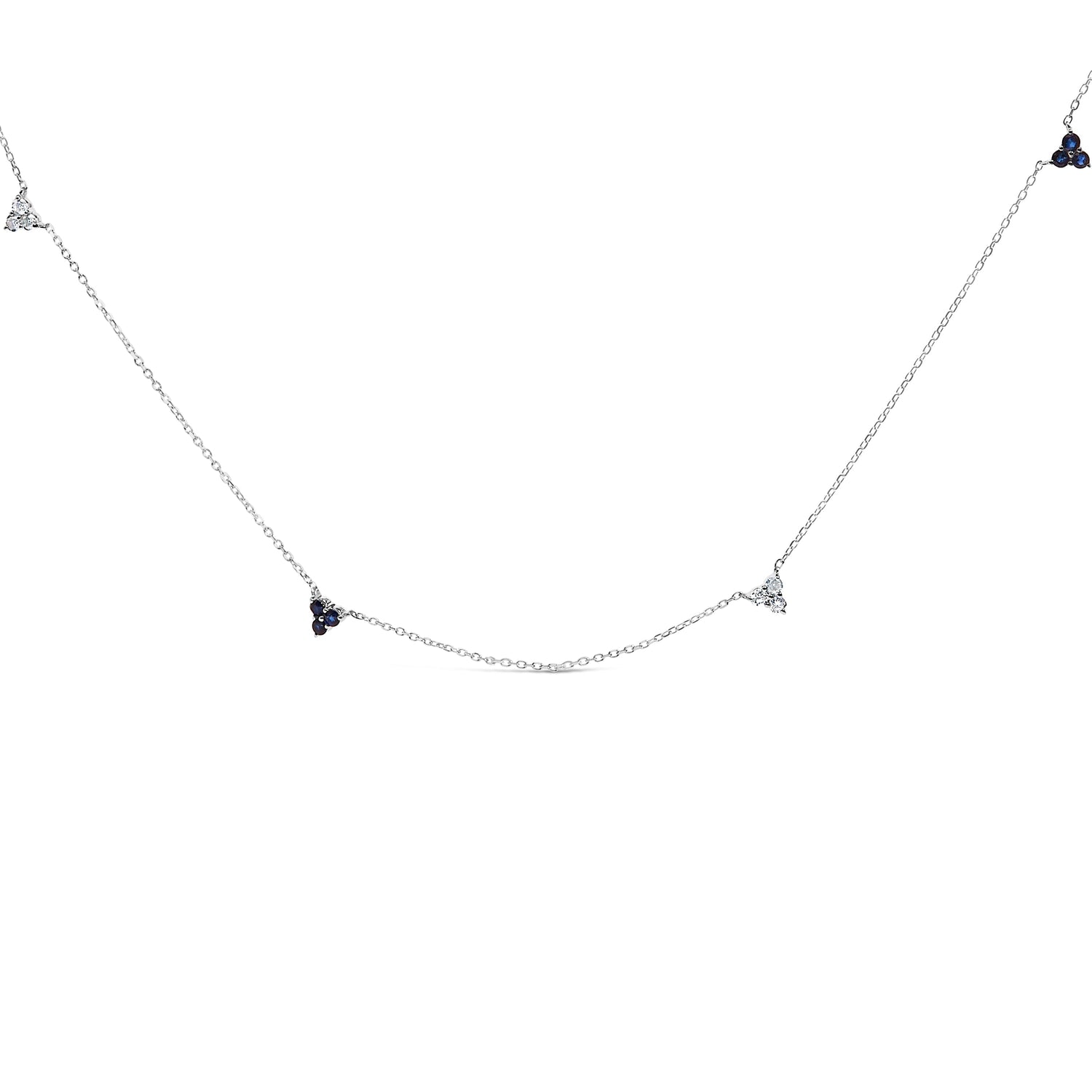 14K White Gold 1/5 Cttw Diamond and Sapphire Trio Cluster Station Necklace  DestGlow