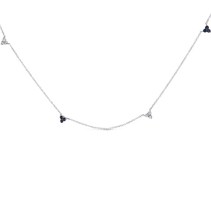 14K White Gold 1/5 Cttw Diamond and Sapphire Trio Cluster Station Necklace  DestGlow