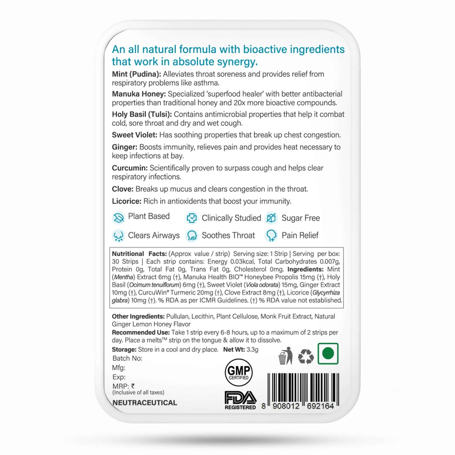Wellbeing Nutrition Melts instant Throat Relief Oral Strips-Soothing Ginger Lemon Honey Flavor