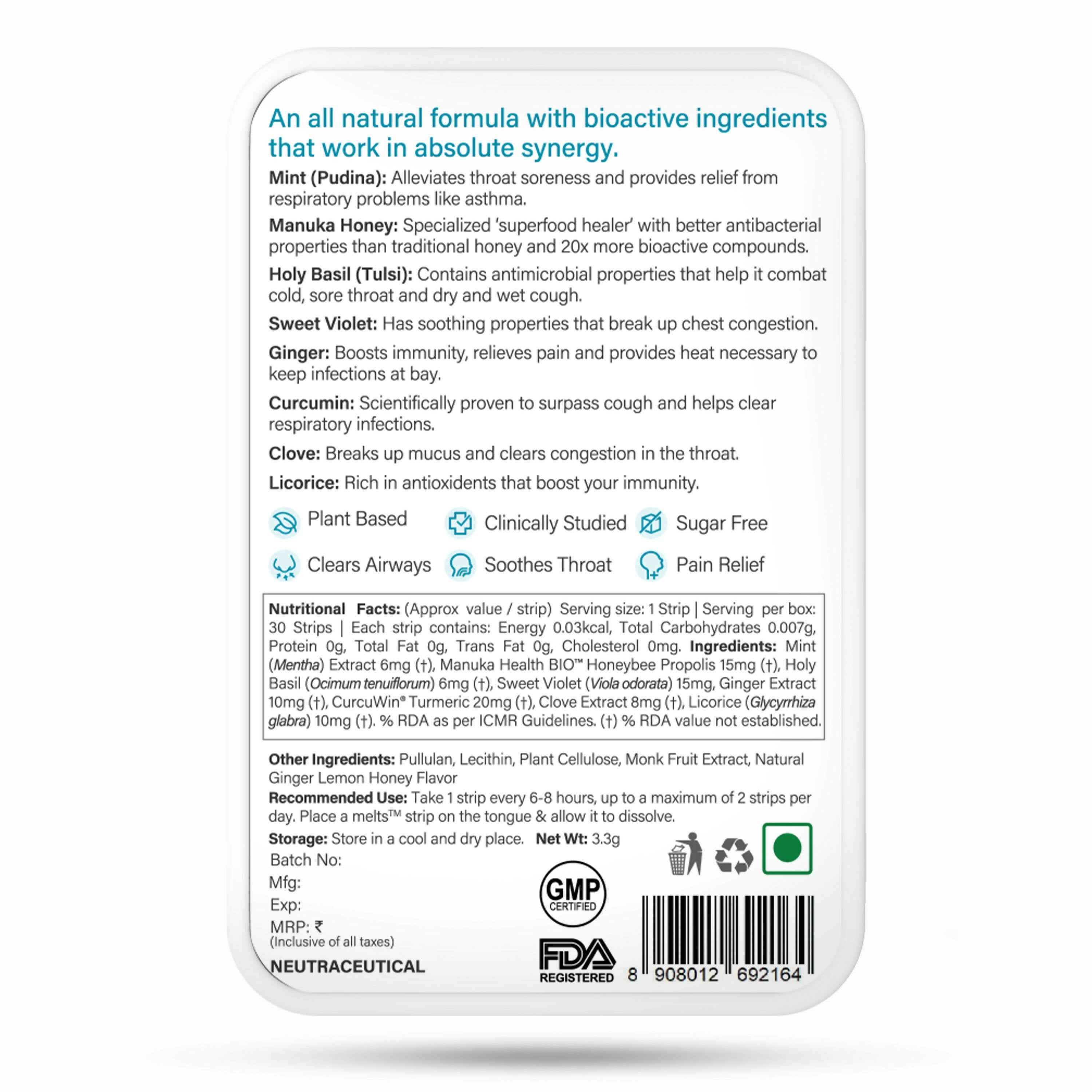 Wellbeing Nutrition Melts instant Throat Relief Oral Strips-Soothing Ginger Lemon Honey Flavor