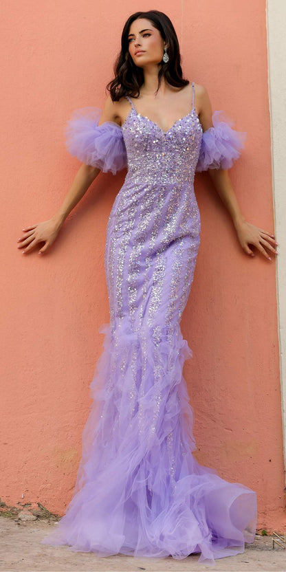 Nox Anabel Y1476 Long Beaded Detail Detachable Puff Sleeve Mermaid Gown by DiscountDressShop