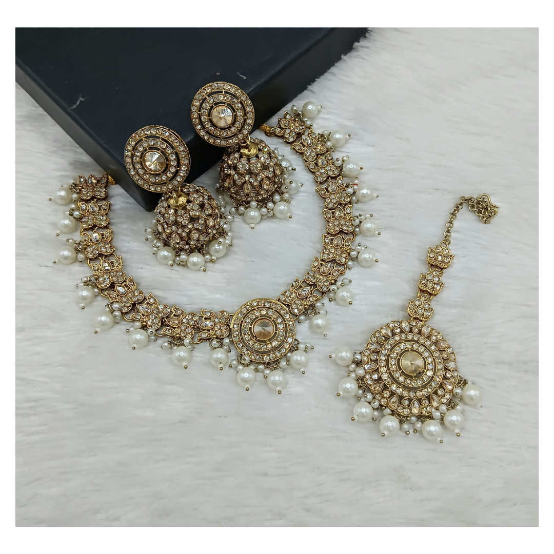 Joban Fashion Cream Stone Work Necklace Set