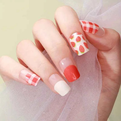 Strawberry Gingham Gel Nails