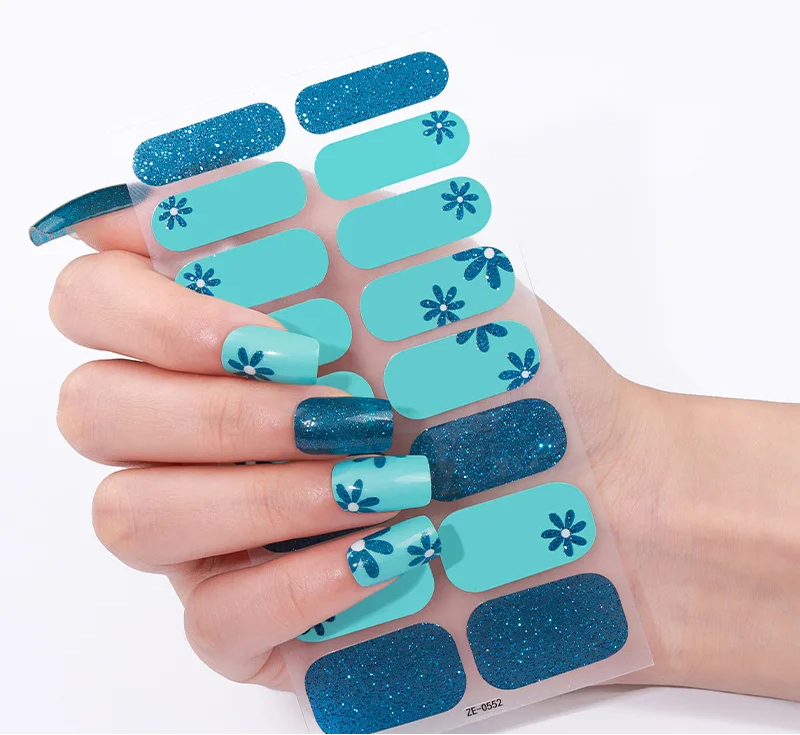 Blue Floral Gel Nails