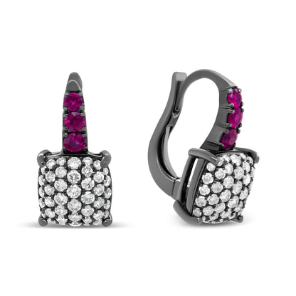 Black Rhodium Plated 18K White Gold 7/8 Cttw Round Diamond and Graduated Red Ruby Drop Earrings (F-G Color, VS1-VS2 Clarity) by Bids.com