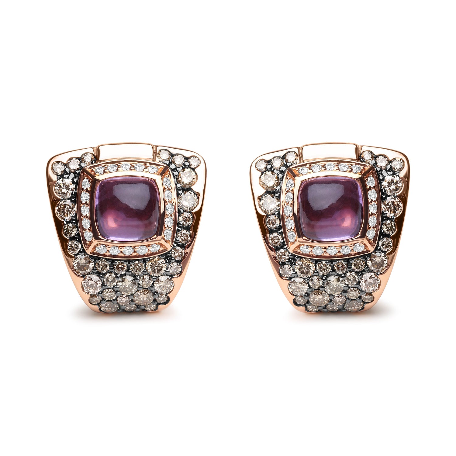 18K Rose Gold 1 1/2 Cttw Round Diamond and 7mm Cushion Cut Purple Amethyst Gemstone Geometrical Statement Stud Earrings (Brown and G-H Color, SI1-SI2 Clarity) by Bids.com